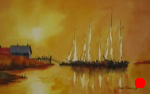 landscape, seascape, sun, hot, tropical, sky, ship, boat, dock, wharf, original watercolor painting, oberst